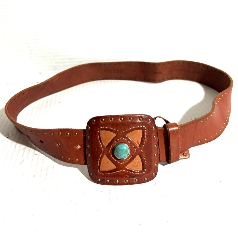 Guess size S Brown Leather Belt with Turquoise Accent